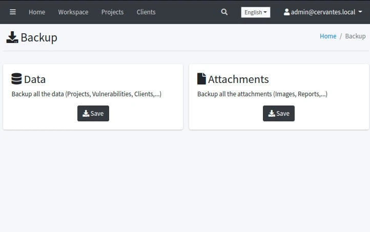 Cervantes Backup page with options to export and restore database and attachment backups