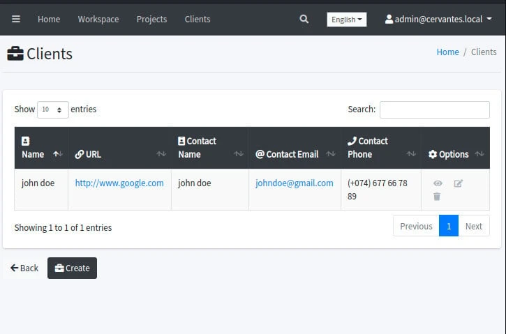 Cervantes Clients list view with client name, contact details, and row action buttons