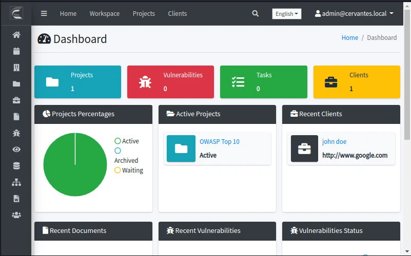 Cervantes dashboard with project summary cards, vulnerability counts, and the calendar widget