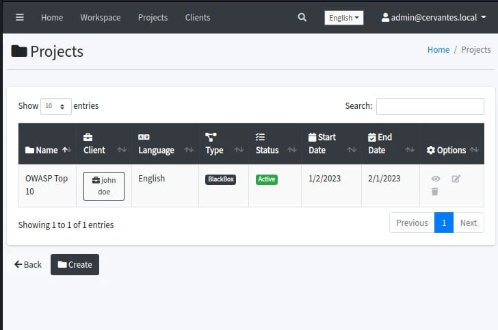 Cervantes Projects list showing project name, status, start and end dates, and assessment type