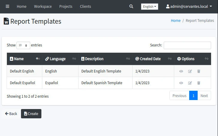 Cervantes Report Templates page listing built-in and custom report layouts