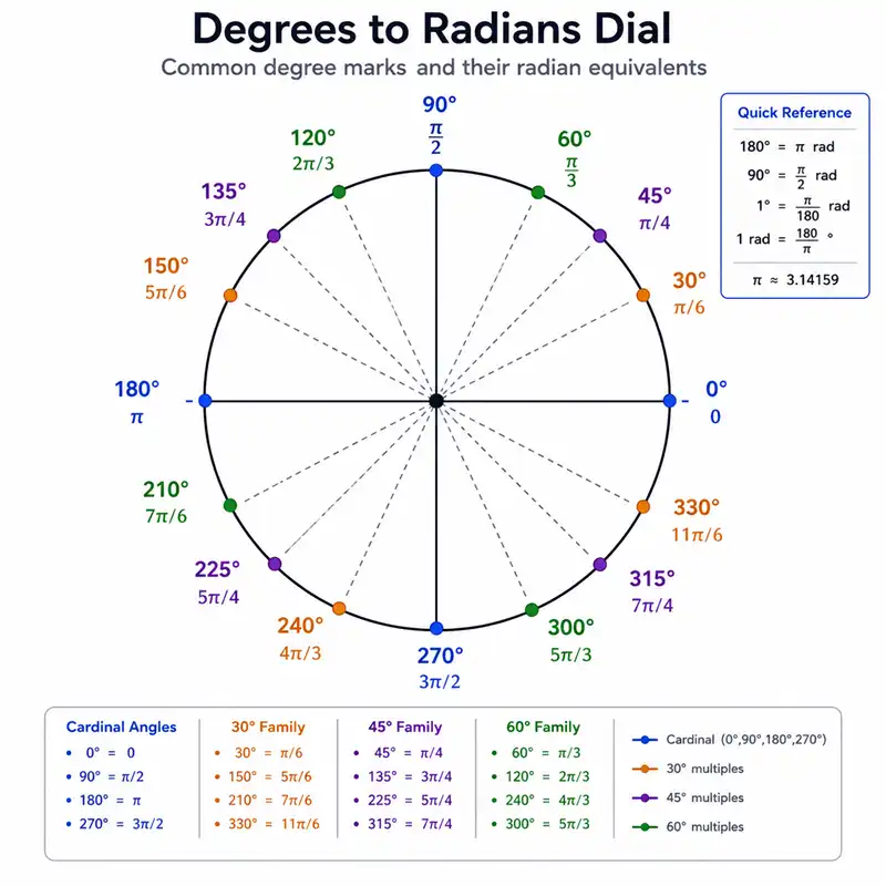 Dial diagram mapping common degree marks to radian equivalents on a circle