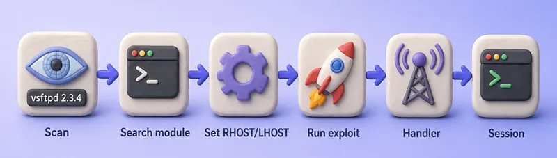 Metasploit workflow from scan through module, options, exploit, handler, and session