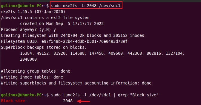 create a filesystem with specific block size