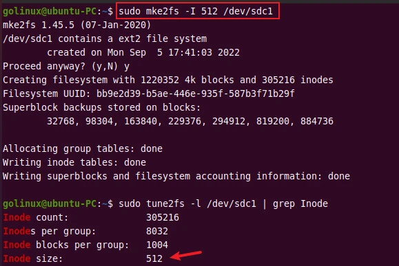 create a filesystem with specific inode size