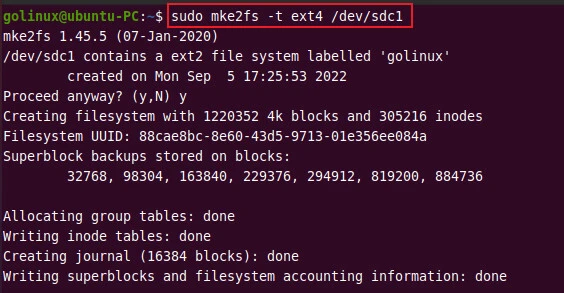 mke2fs command to create an ext4 filesystem