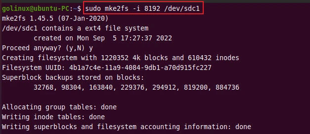 specify bytes per inode ratio when creating filesystem