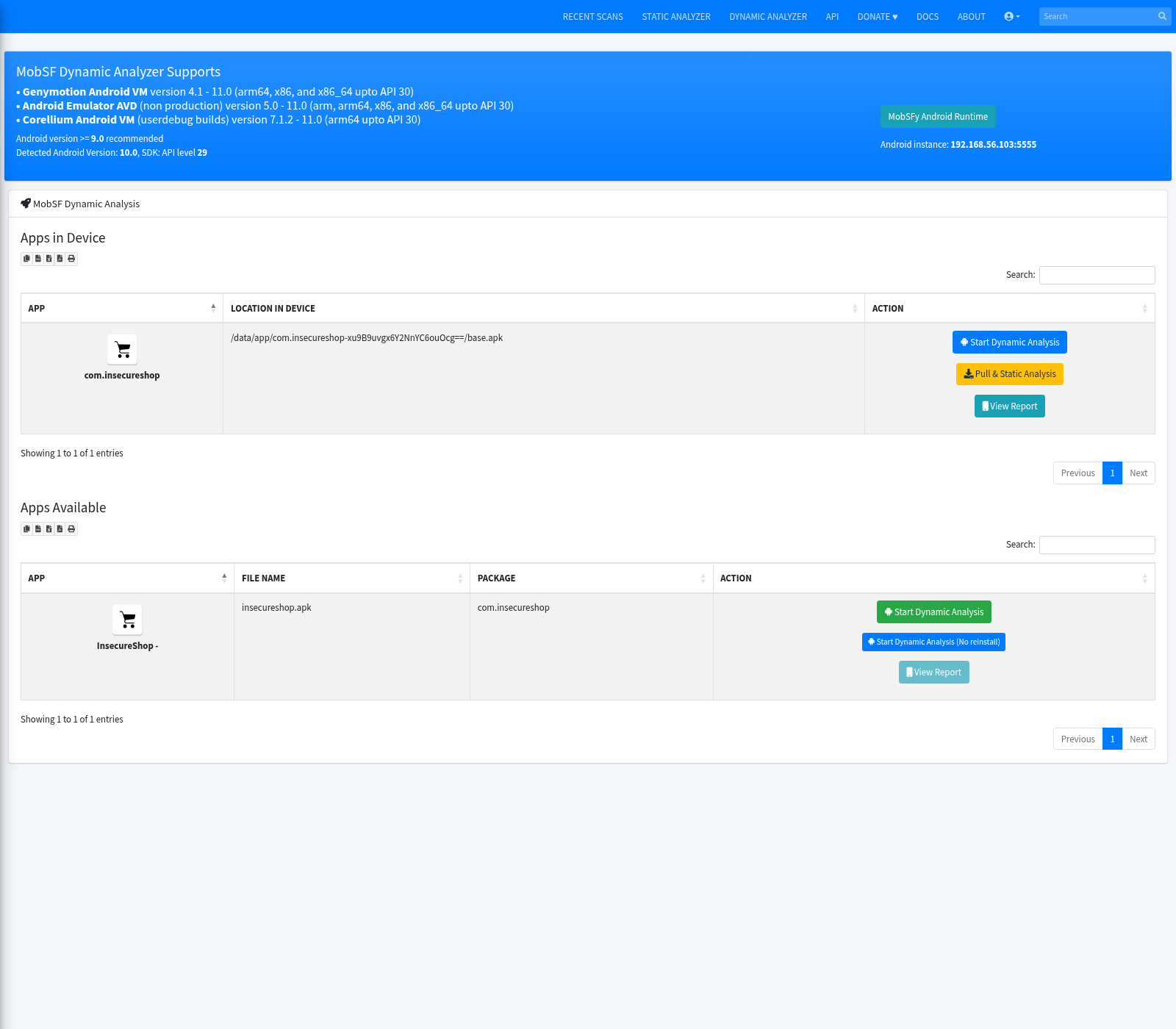 MobSF Android Dynamic Analyzer with Genymotion runtime and InsecureShop available
