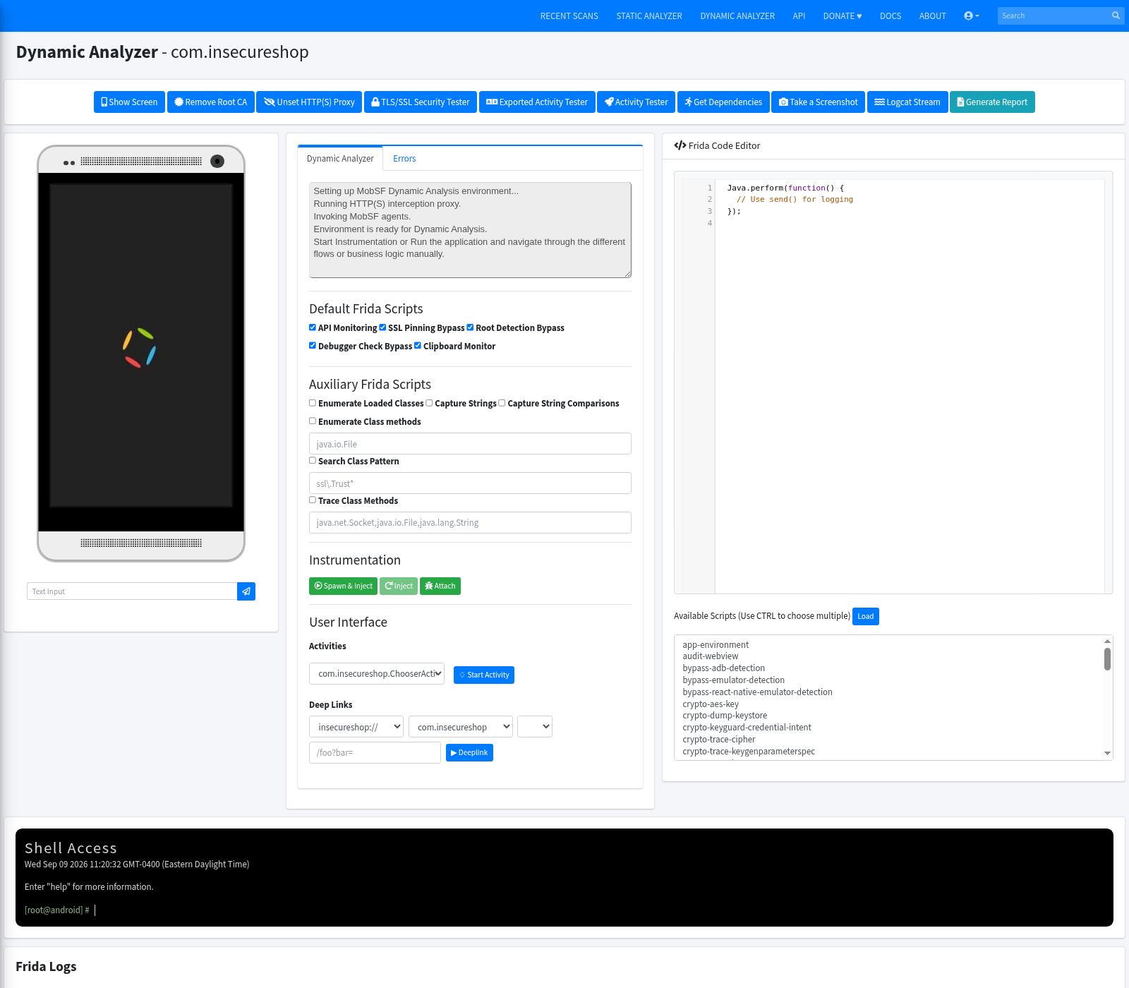 MobSF Dynamic Analyzer session for InsecureShop after Genymotion attach