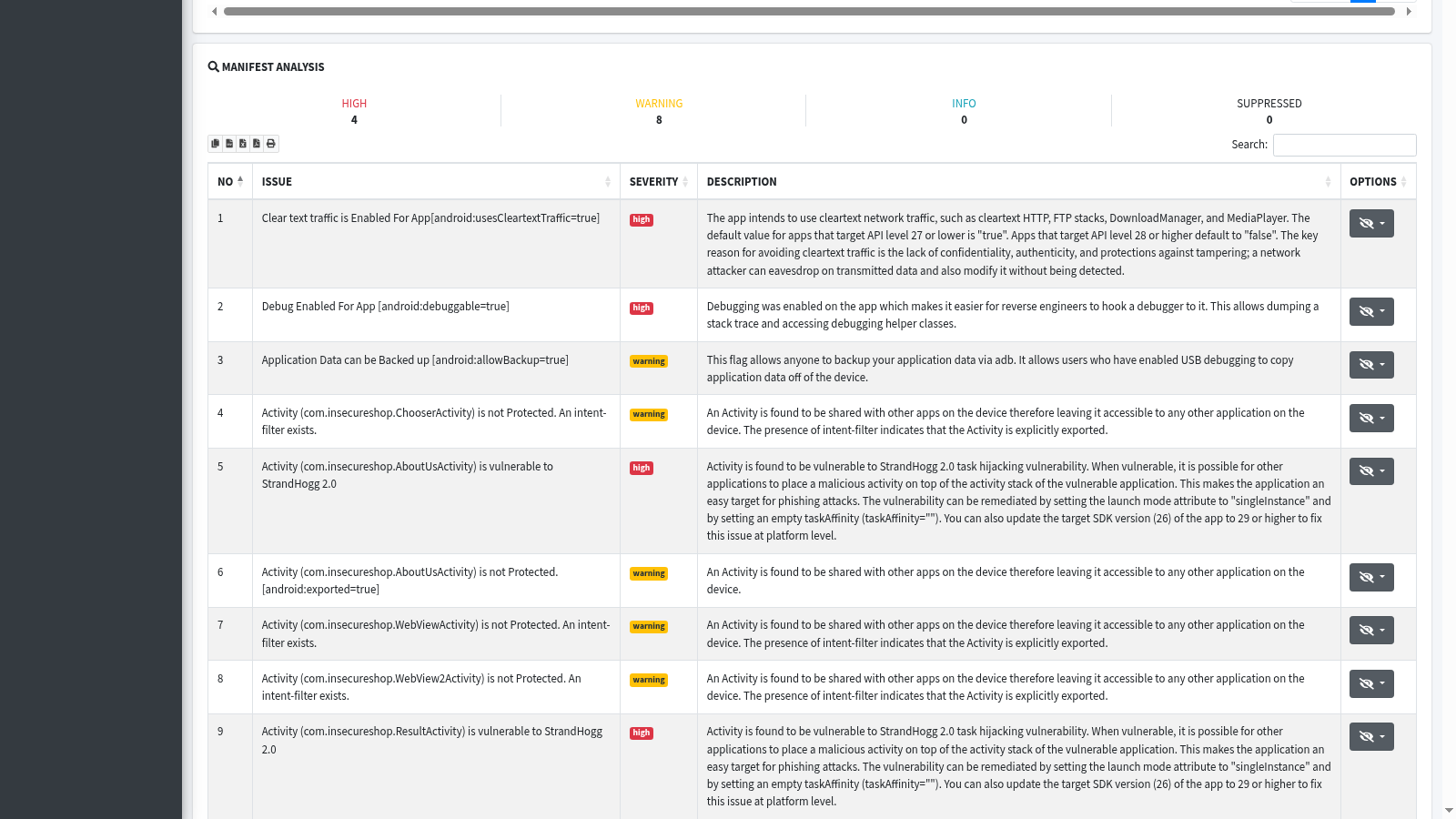 MobSF manifest analysis showing cleartext traffic, debuggable, and exported activity findings