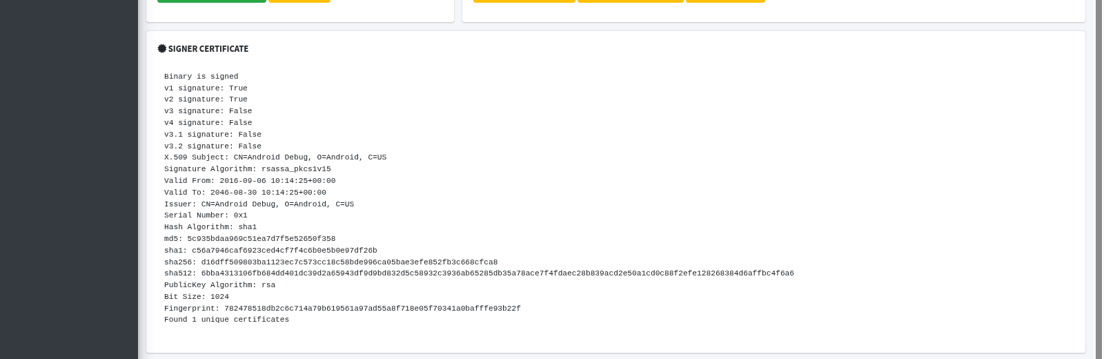 MobSF signer certificate showing Android Debug subject and v1/v2 signatures