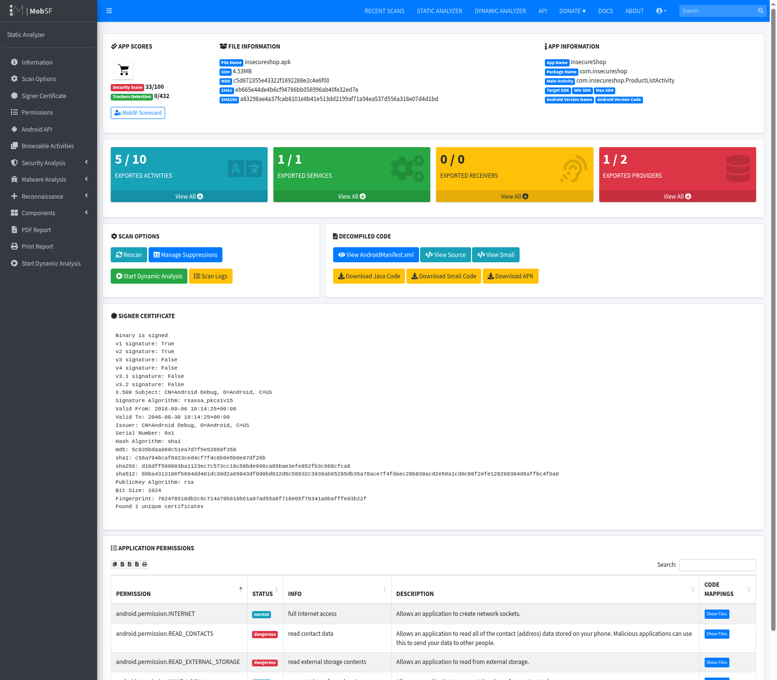 MobSF static overview for InsecureShop with security score and exported components