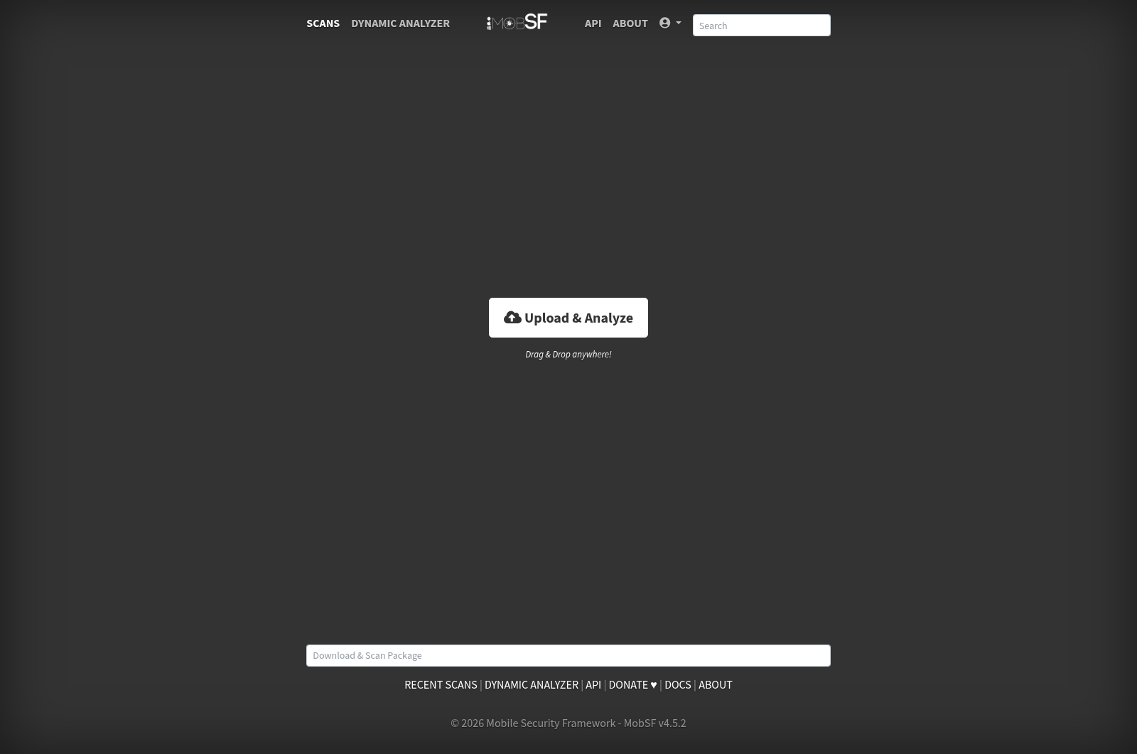 MobSF v4.5.2 home page with Upload and Analyze button
