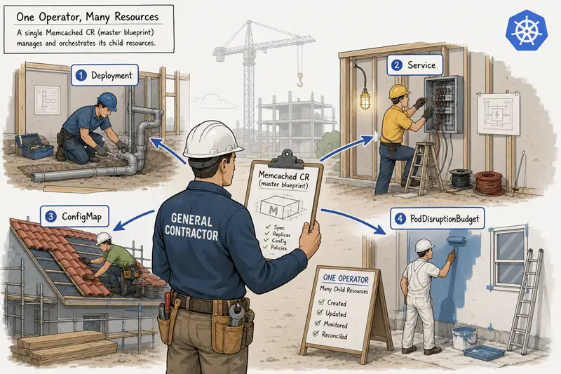 Multi-resource reconciliation visualised as a general contractor on a building site coordinating a plumber (Deployment), electrician (Service), roofer (ConfigMap), and painter (PodDisruptionBudget) — all from a single master clipboard labelled "Memcached CR". The GC's job is coordination, not laying bricks. The same shape as a single Reconcile() function that owns and updates several child resources together.