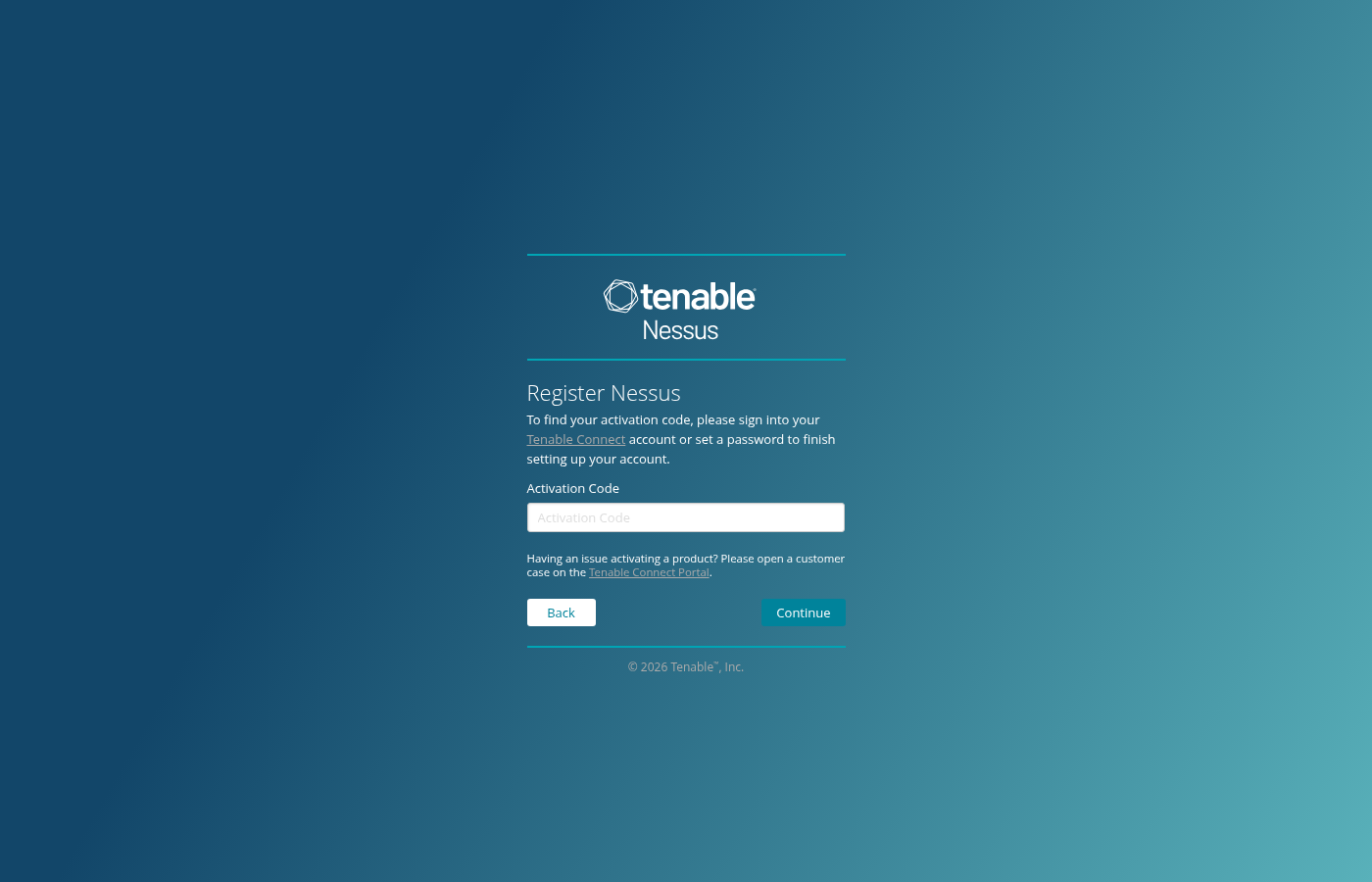 Register Nessus screen with Activation Code field