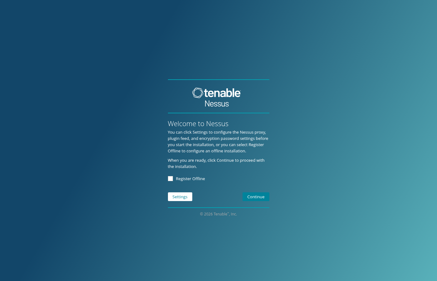 Nessus first-run welcome screen with Continue, Settings, and Register Offline options