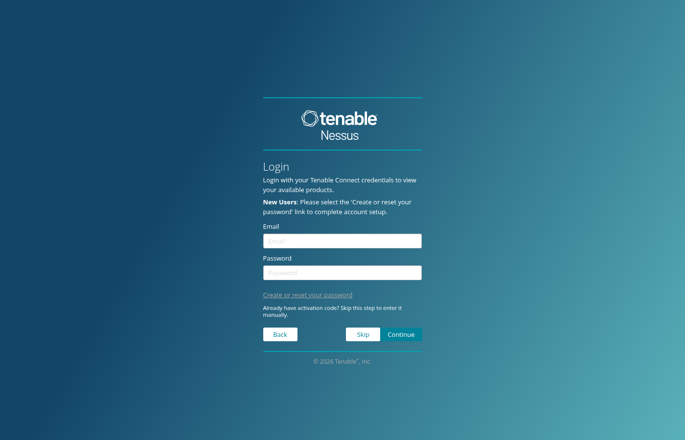 Tenable Connect login step during Nessus Essentials registration