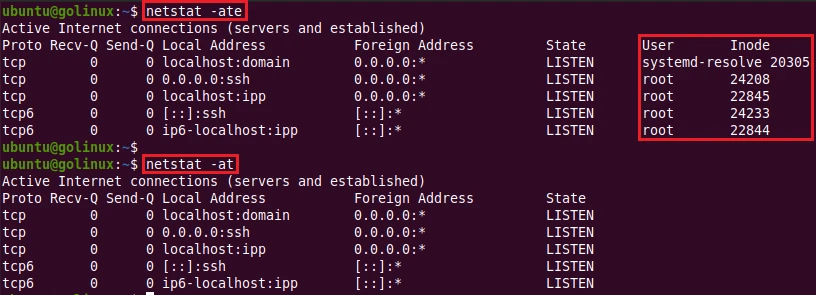 netstat command to display additional information in the output