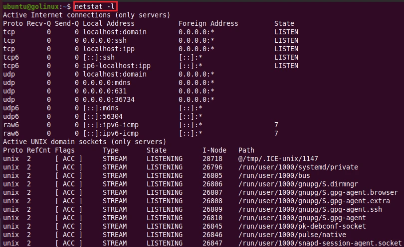 netstat command to display only listening connections
