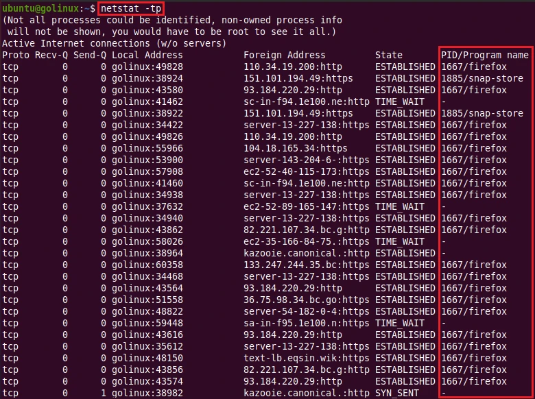 netstat command to show PID/program name