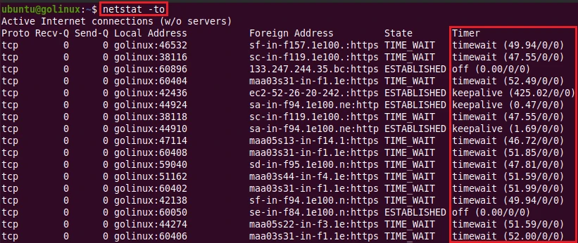 netstat command to display timers