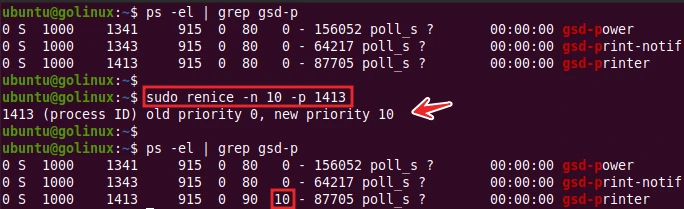 renice command to change priority of process