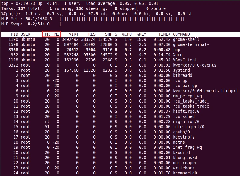 top command to check nice value