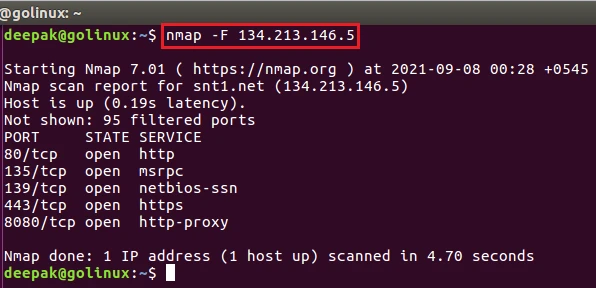 nmap command to do fast scan