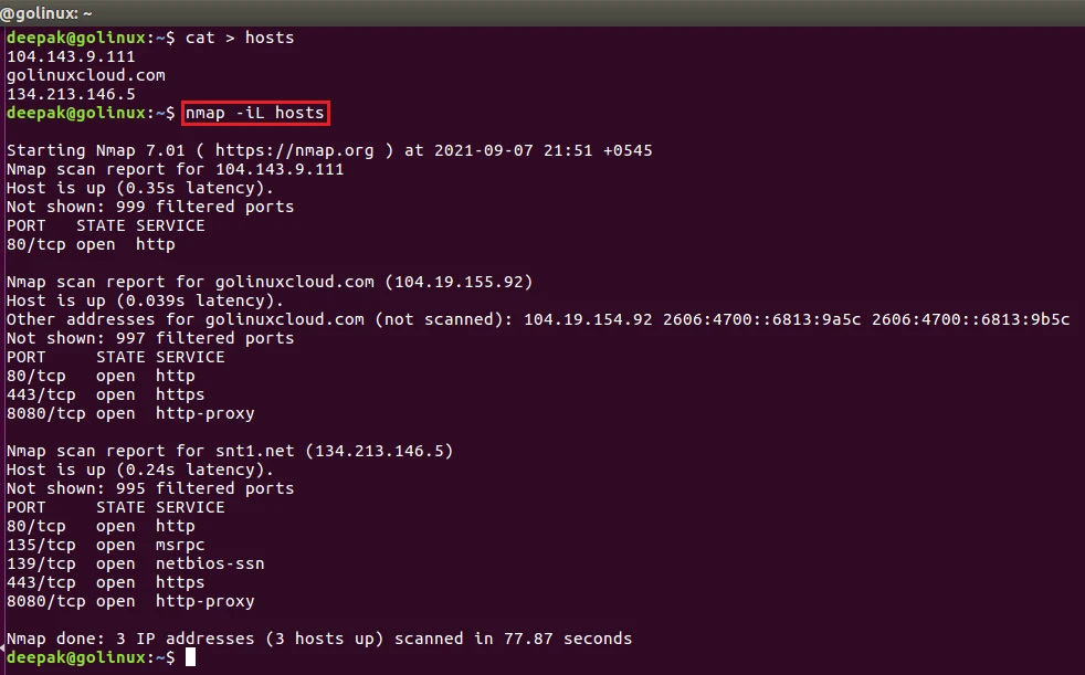 nmap command to scan hosts from a file