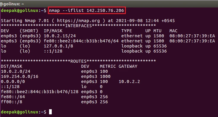 nmap command to print interfaces and routes