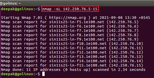 nmap command to list the targets to scan