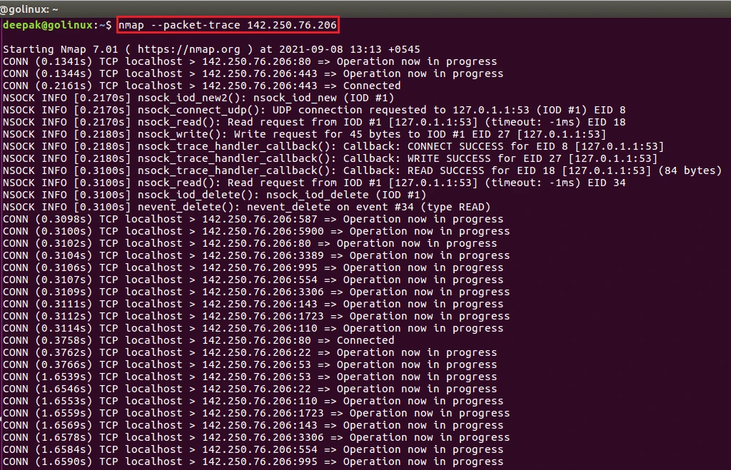 nmap command to show all packets sent and received