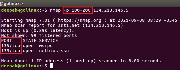 nmap command to scan a range of ports