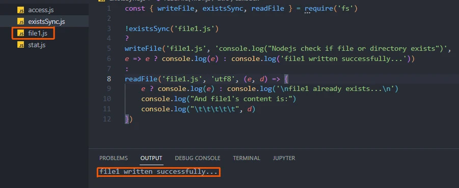 Node.js check if file or directory exists