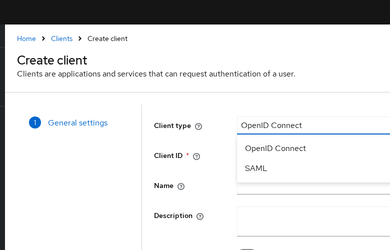 Keycloak Create client wizard showing OpenID Connect and SAML client type options