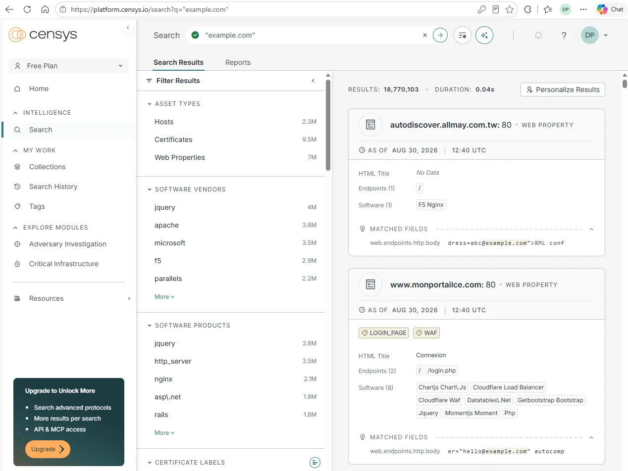 Censys Platform search results for example.com showing web property matches and asset-type filters