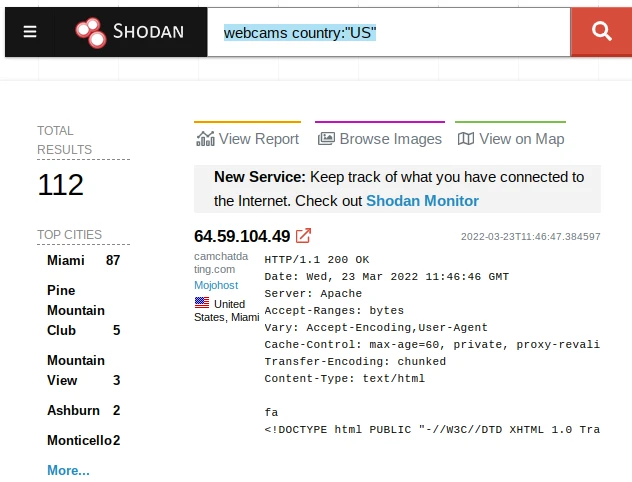 Shodan search filters and facet breakdown for ports, countries, products, and organizations