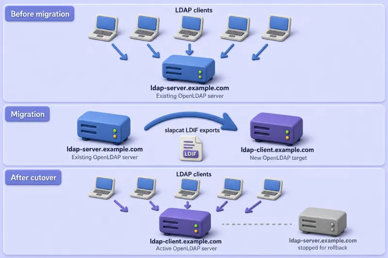 OpenLDAP migration scope: before cutover LDAP clients use ldap-server.example.com; migration exports LDIF with slapcat from source to ldap-client.example.com target; after cutover clients use the new server and the old source stays stopped for rollback