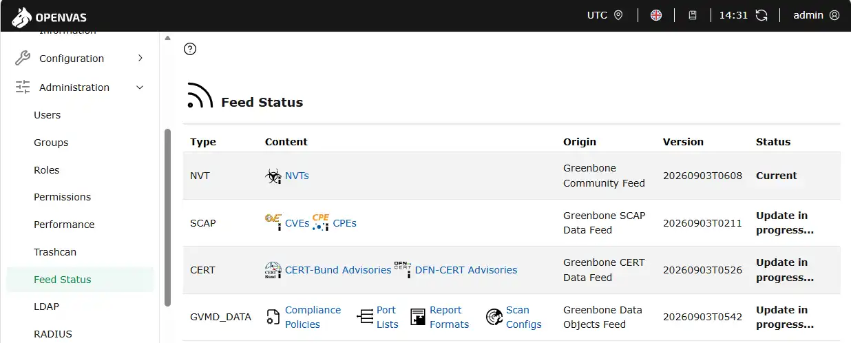 Greenbone Feed Status page showing NVT feed Current and SCAP, CERT, and GVMD_DATA feeds Update in progress