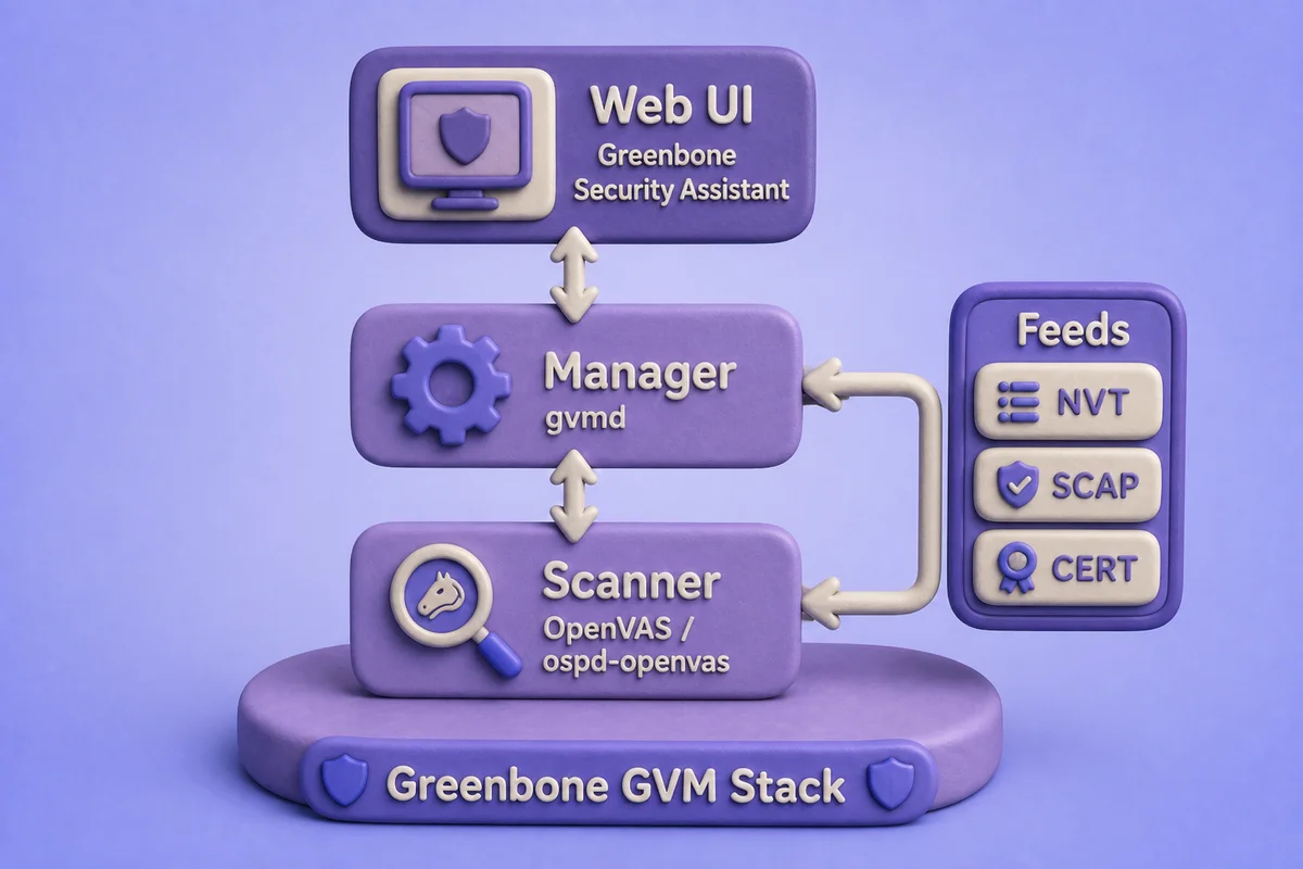Greenbone GVM architecture showing Web UI, gvmd manager, OpenVAS scanner, and feed synchronization