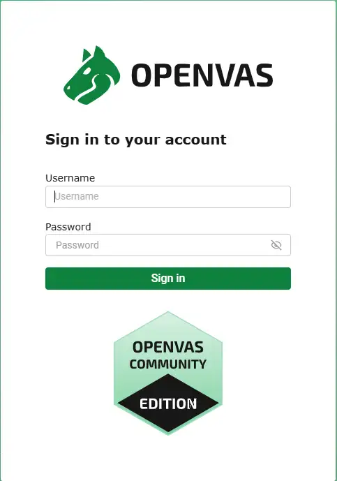 OpenVAS web UI login page at https://127.0.0.1:9392 with Username and Password fields