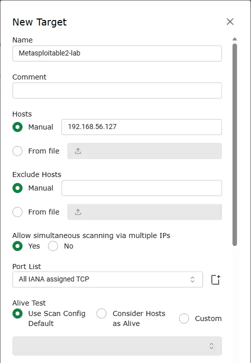 New Target dialog named Metasploitable2-lab with host 192.168.56.127 and All IANA assigned TCP port list