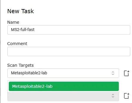 New Task dialog named MS2-full-fast with Scan Targets set to Metasploitable2-lab