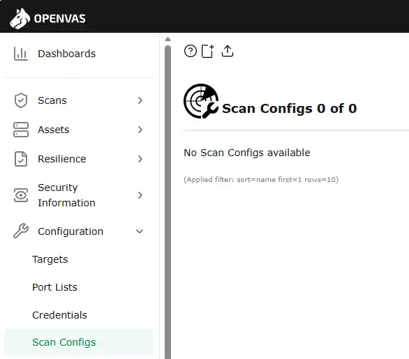 OpenVAS Scan Configs page showing No Scan Configs available while gvmd feed import is still running