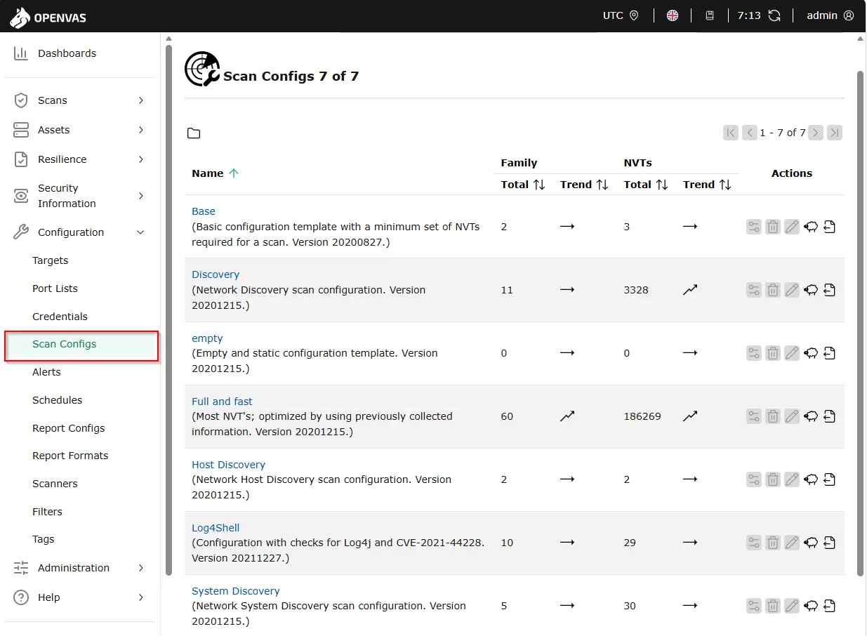 OpenVAS Scan Configs page listing Base, Discovery, Full and fast, Host Discovery, Log4Shell, and System Discovery