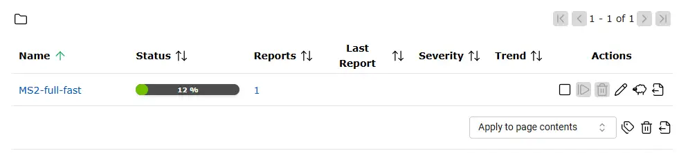 OpenVAS Tasks list showing MS2-full-fast Running at 12 percent with Reports count 1