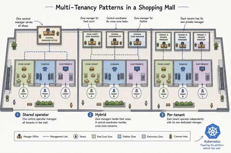 Three multi-tenancy patterns drawn as three sections of a shopping mall floor plan — Shared (one central manager office for all shops), Hybrid (per-zone managers plus a central coordinator), and Per-tenant (each shop with its own private manager). Tenant A, B, C icons sit inside each section. More isolation costs more managers — the right pattern depends on the kind of mall you are running.