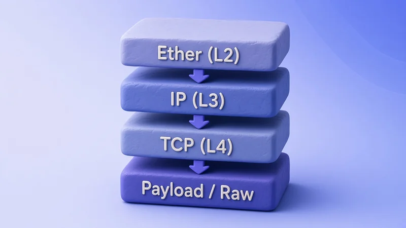 Stacked Ether, IP, TCP, and payload layers as clay blocks