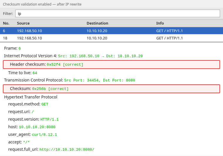 Wireshark detail pane with checksum validation enabled showing IPv4 header checksum and TCP checksum marked correct after Scapy IP rewrite