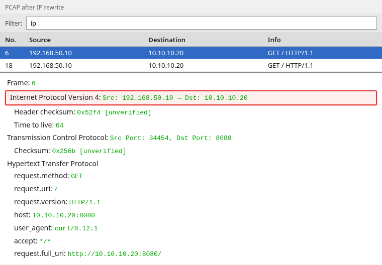 Wireshark packet list after Scapy IP rewrite showing source 192.168.50.10 highlighted